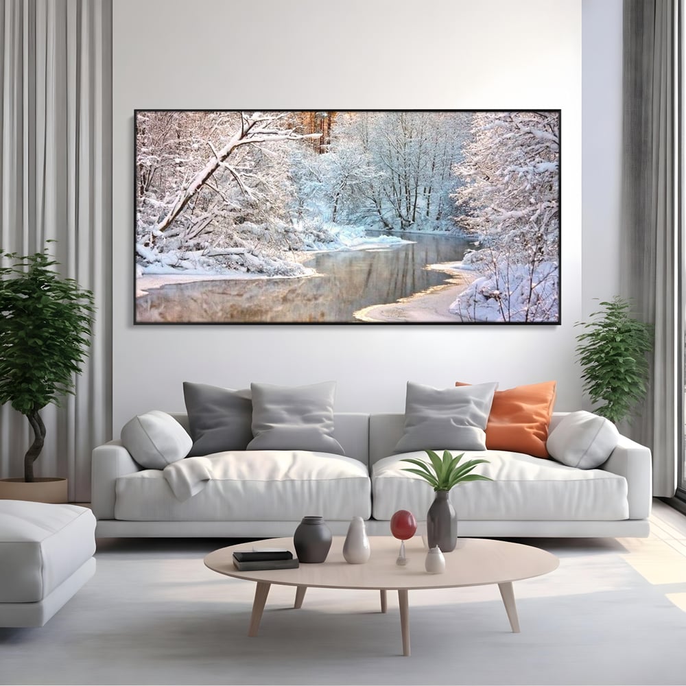 Tablou canvas cu tablou canvas cu peisaj de iarna pe rau, in rama de aluminiu negru, pe perete intr-un living